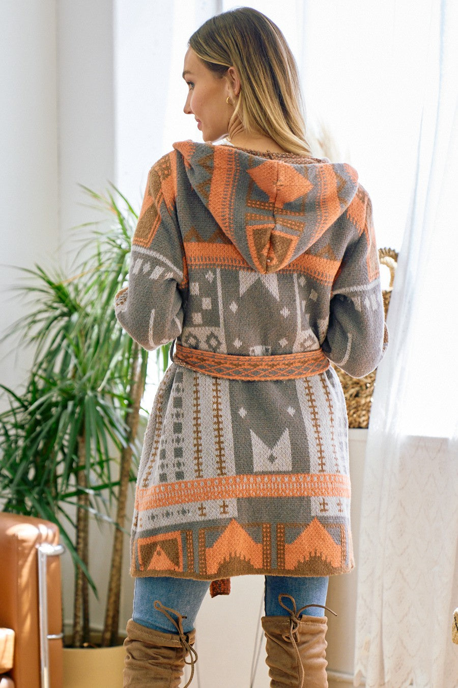 Grey and Light Orange Aztec Hooded Cardigan with Belt