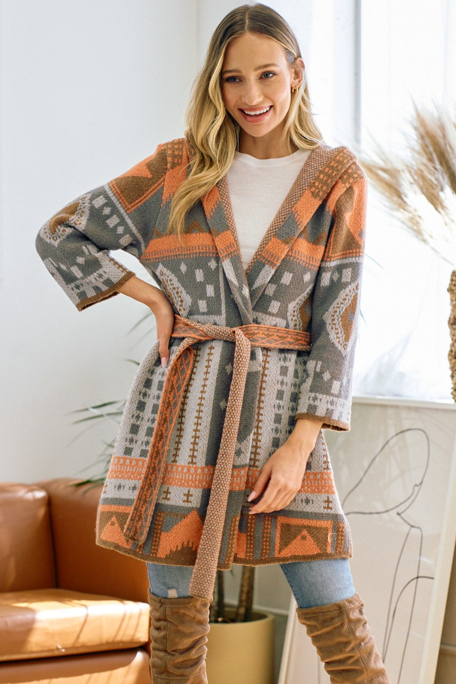 Grey and Light Orange Aztec Hooded Cardigan with Belt