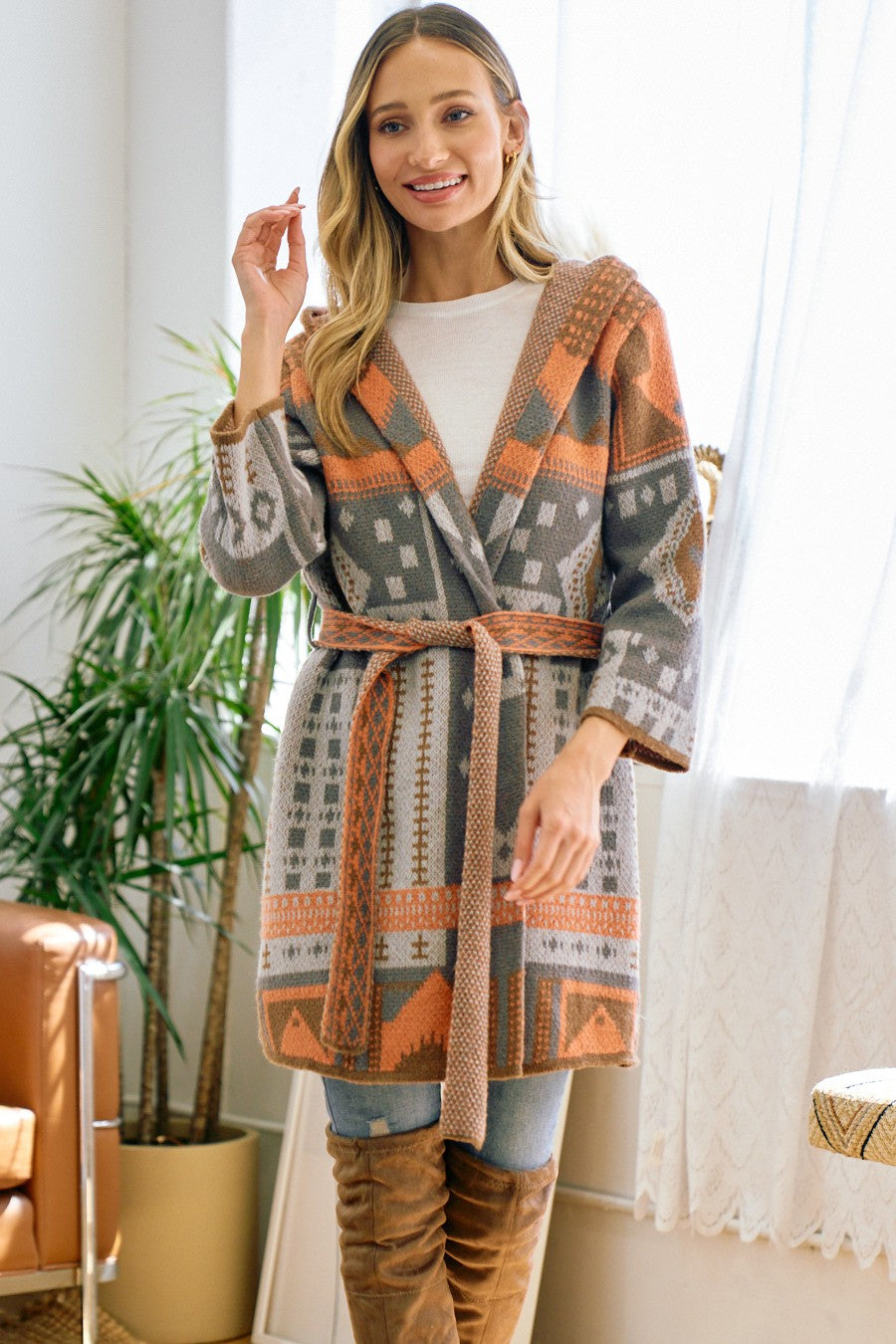 Grey and Light Orange Aztec Hooded Cardigan with Belt