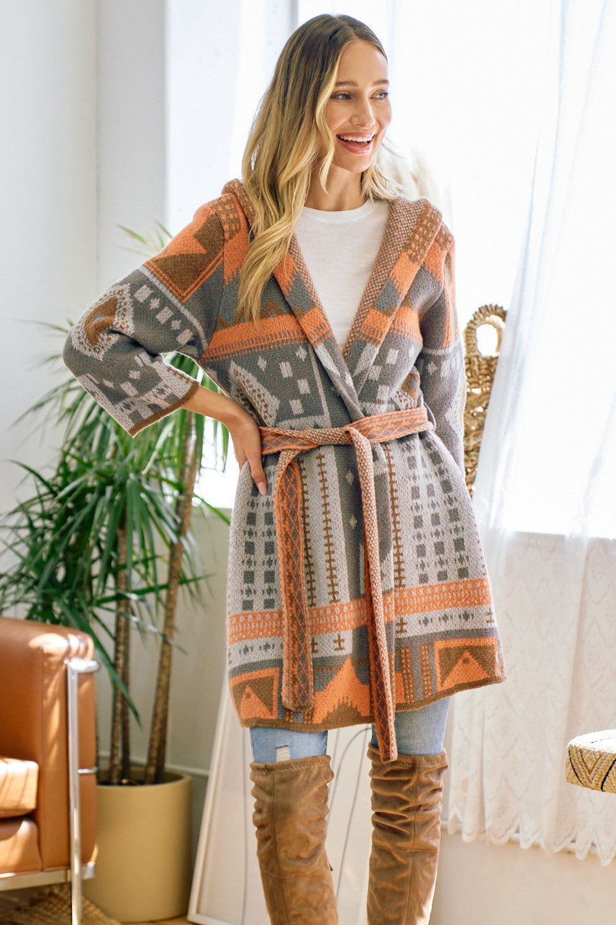 Grey and Light Orange Aztec Hooded Cardigan with Belt