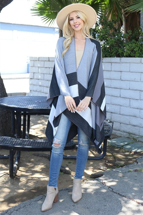 Multicolor Black Stripe Print Open Front Shawl.
