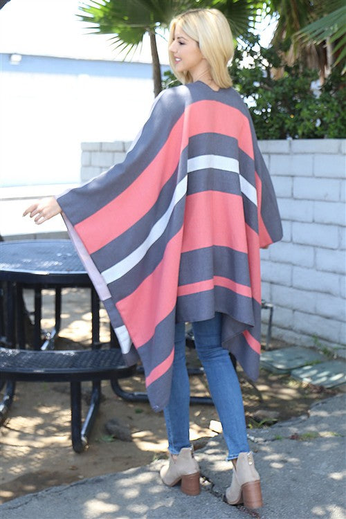 Multicolor Gray/Pink Stripe Print Open Front Shawl.