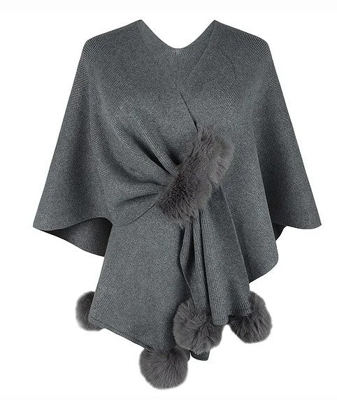 Women Gray Faux Fur Pom Pom Ball Shawl Cape.