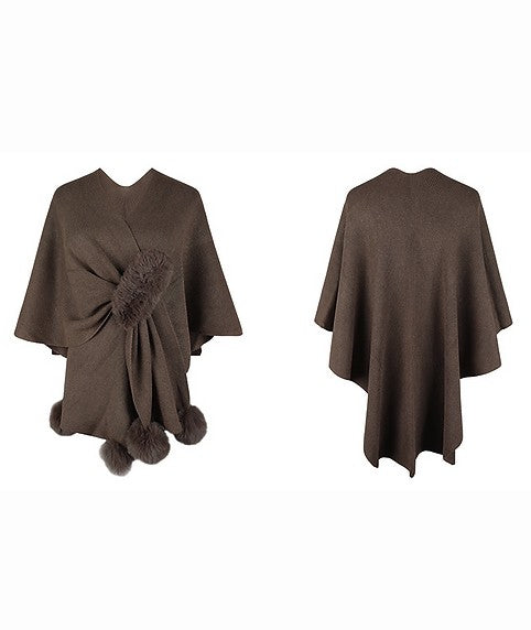 Women Brown Faux Fur Pom Pom Ball Shawl Cape