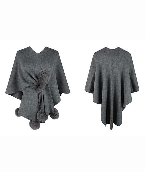 Women Gray Faux Fur Pom Pom Ball Shawl Cape.