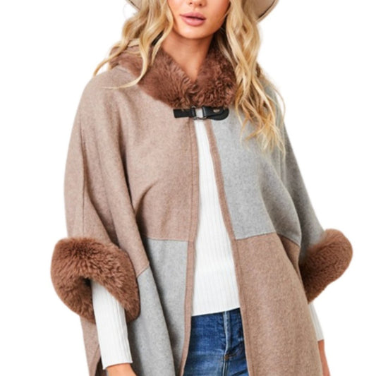 Women's Mocha & Grey Faux Fur Hooded Color Block Poncho