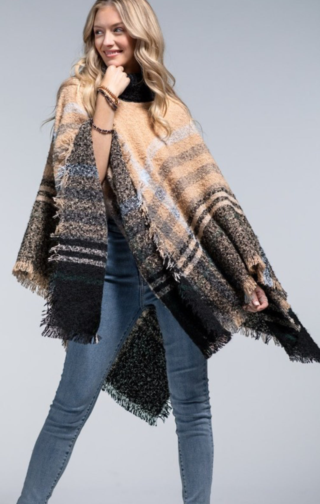 Women's Black/Pink Oversized Plaid Turtle Neck Poncho.