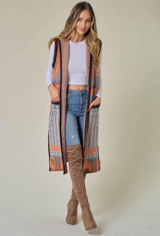 Aztec Multi color Long Cardigan Hooded Sweater Vest.