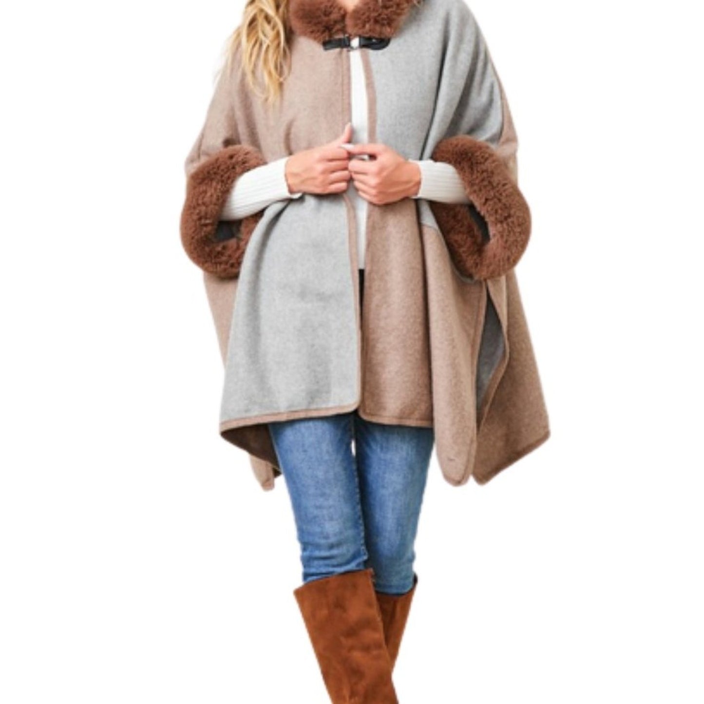 Women's Mocha & Grey Faux Fur Hooded Color Block Poncho
