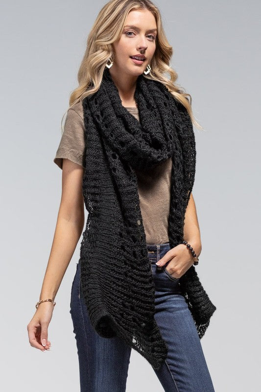 Women's Black Long Elegant Open Knit Oblong Scarf.