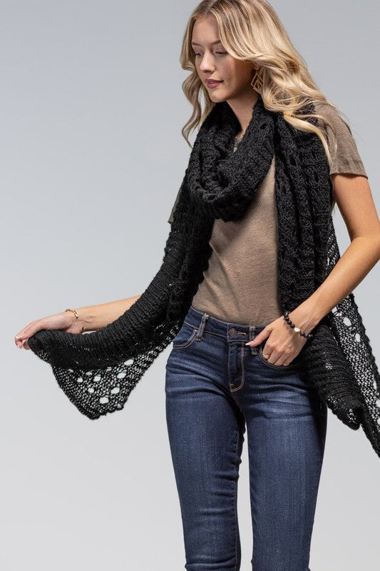 Women's Black Long Elegant Open Knit Oblong Scarf.