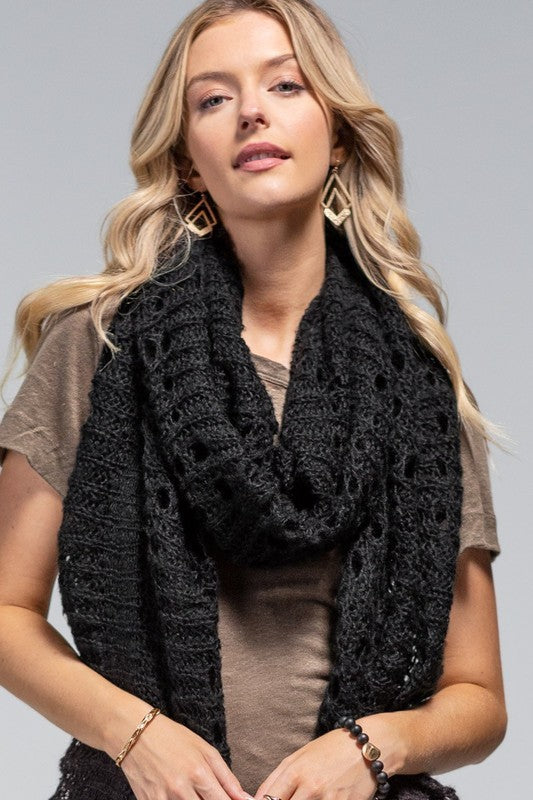 Women's Black Long Elegant Open Knit Oblong Scarf.