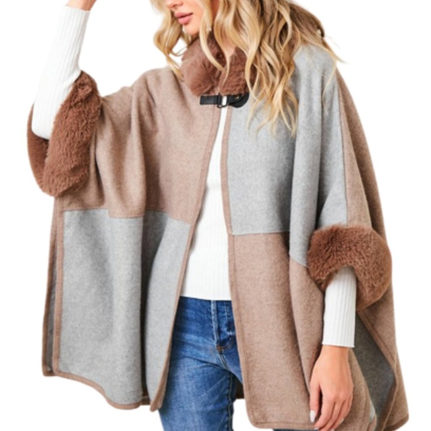 Women's Mocha & Grey Faux Fur Hooded Color Block Poncho