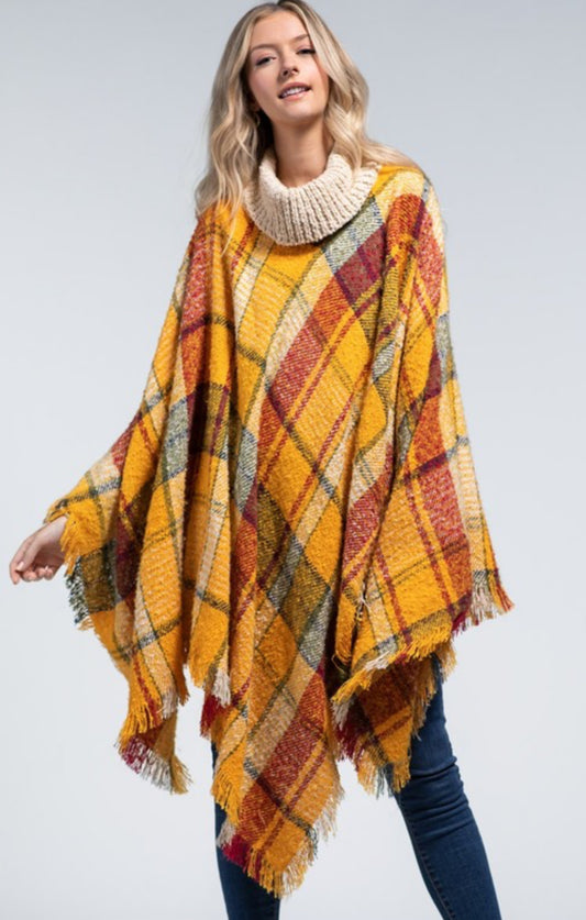 Women's Yellow Oversized Plaid Turtle Neck Poncho.