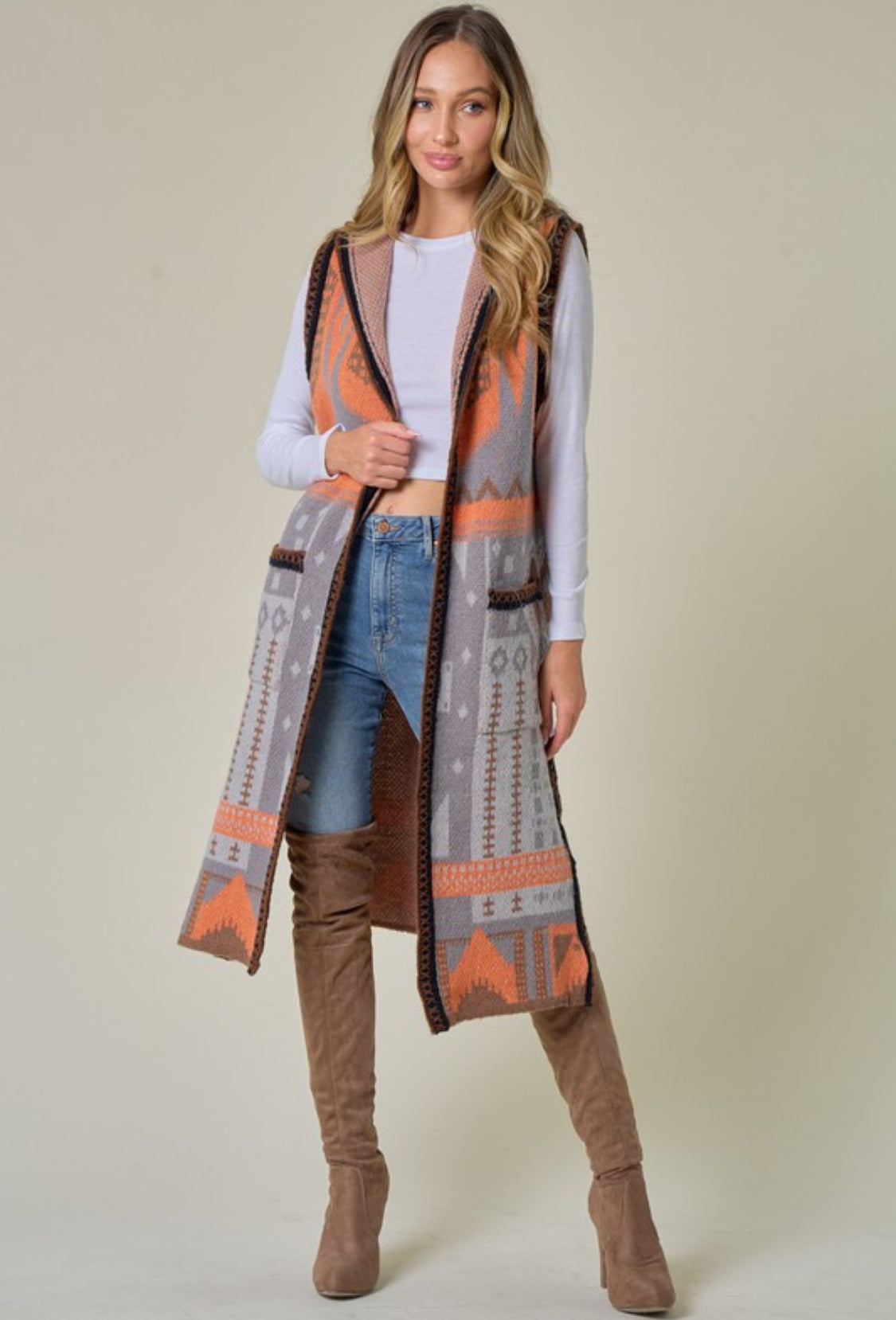 Aztec Multi color Long Cardigan Hooded Sweater Vest.