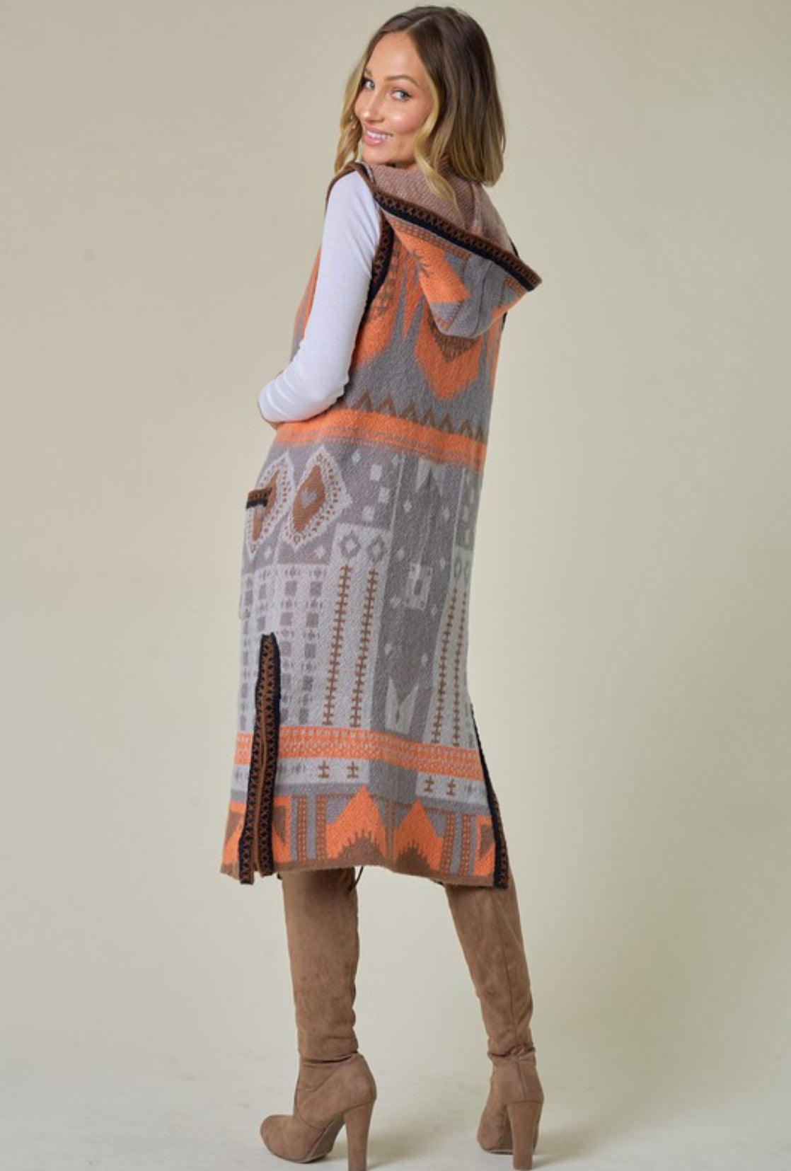 Aztec Multi color Long Cardigan Hooded Sweater Vest.