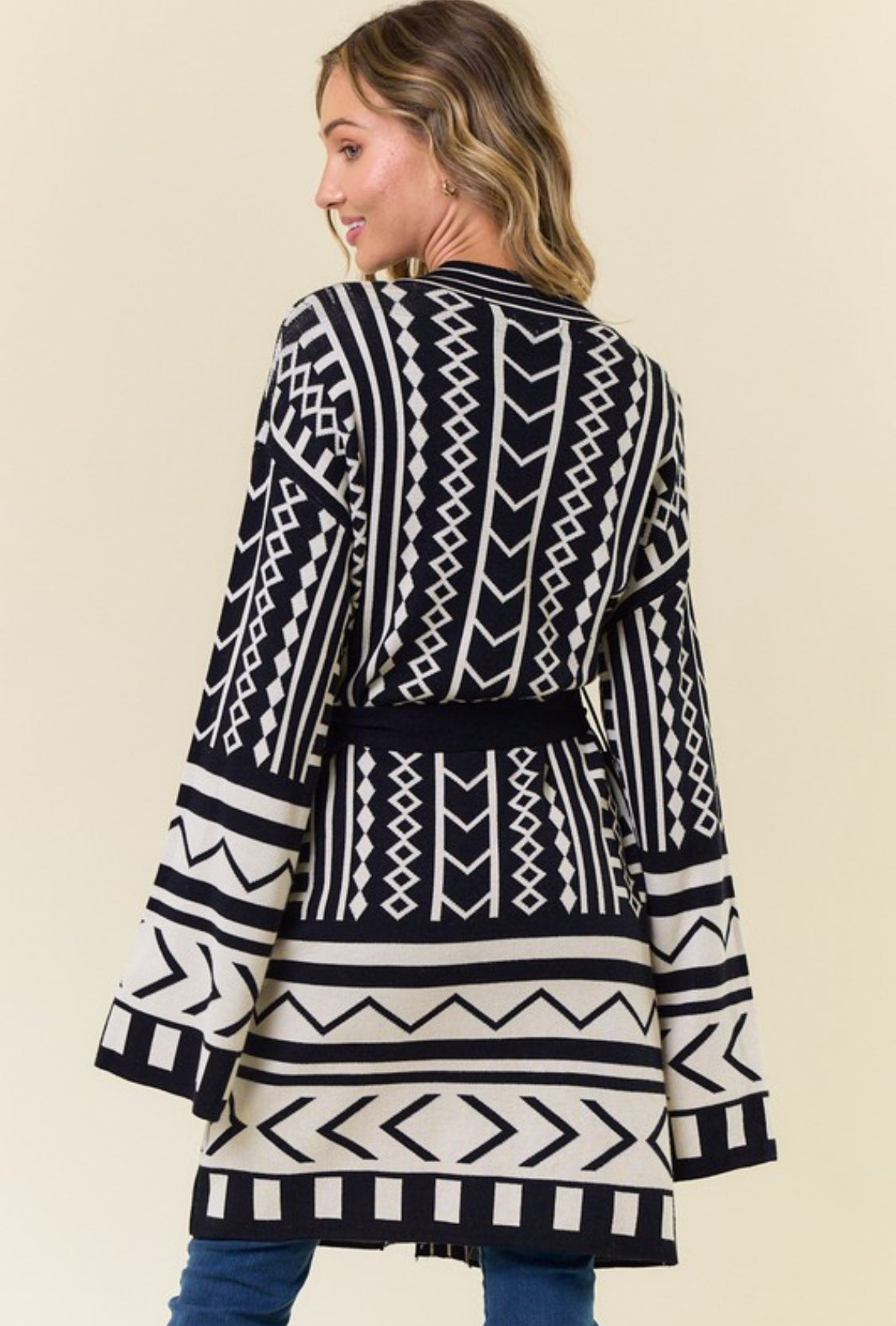 Double Knit Aztec Placement Belted Sweater Cardigan