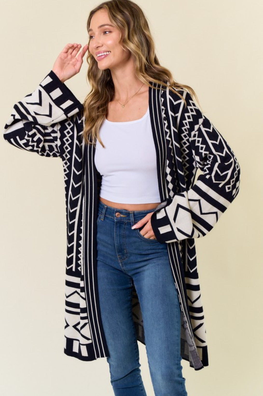 Double Knit Aztec Placement Belted Sweater Cardigan