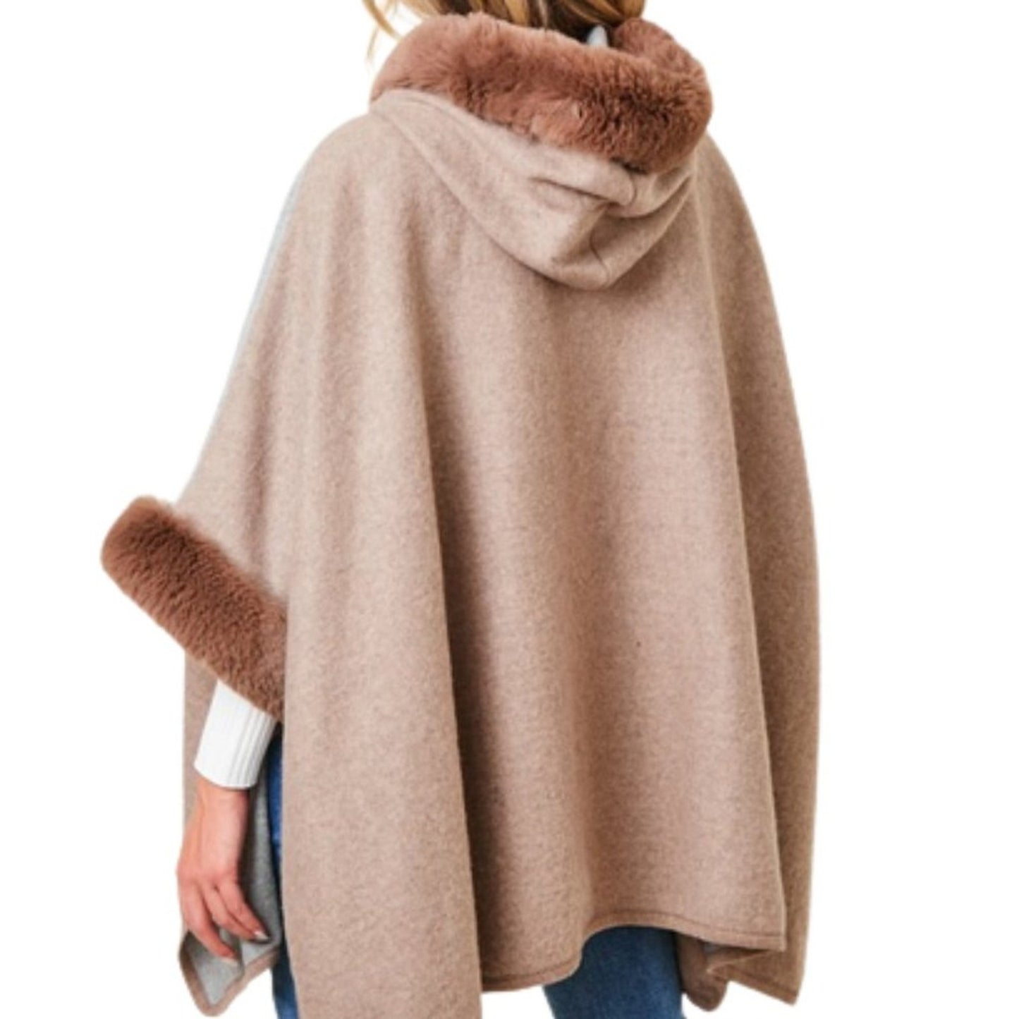 Women's Mocha & Grey Faux Fur Hooded Color Block Poncho