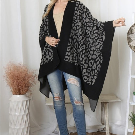 Women’s Leopard Print Ruana in Black/Grey.